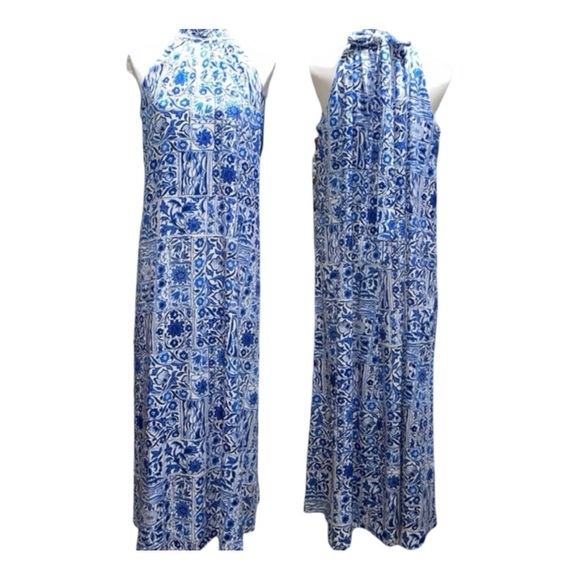 Stunning Ann Taylor Tile Tie Mock Neck Maxi Dress With pockets! 🔵⚪️ Large - Picture 5 of 9